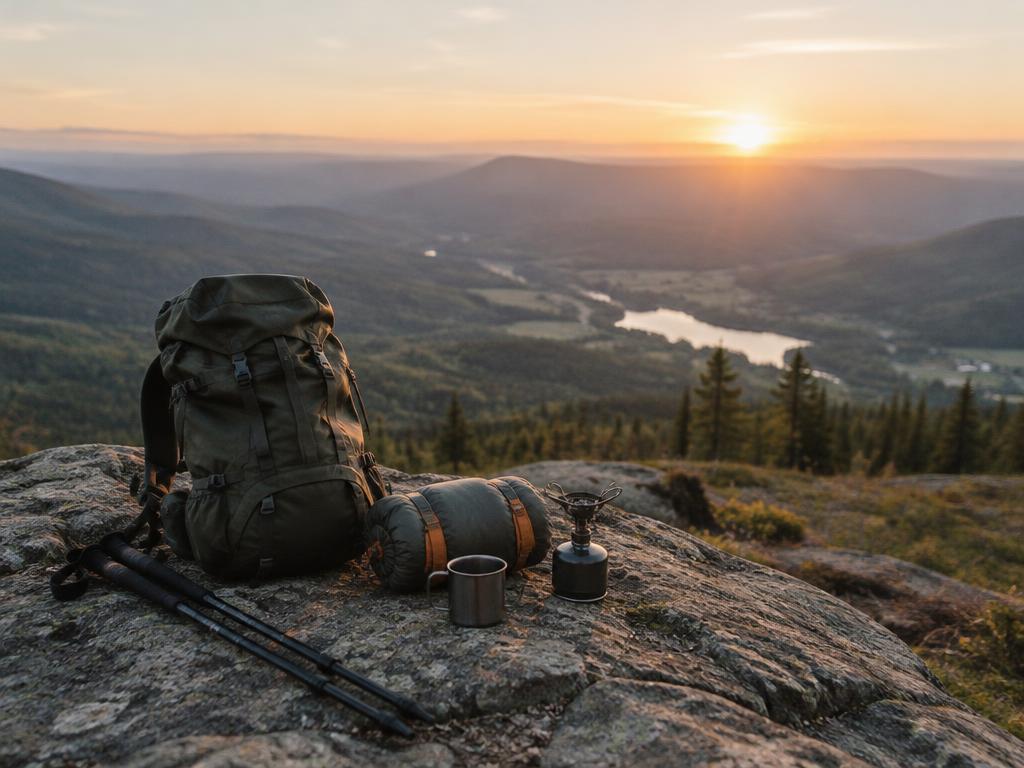 A backpack, trekking poles and camp gear on a rock above a valley