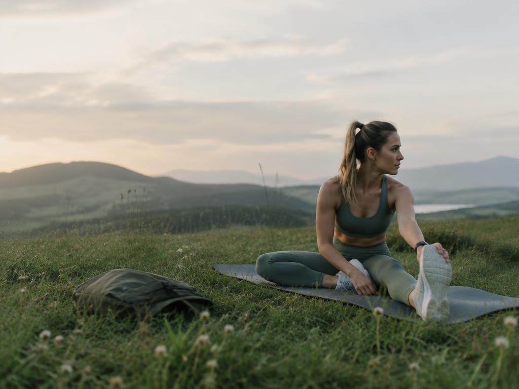 A runner stretching on a mat in a hillside meadow
