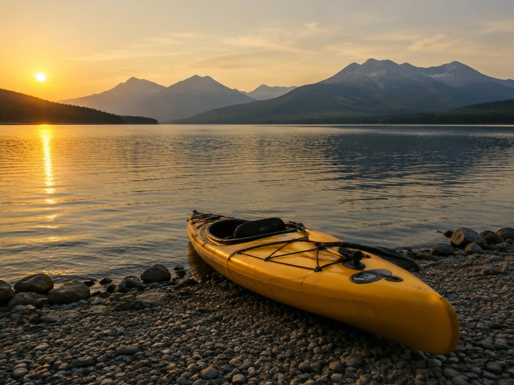 A kayak on a pebble lakeshore at sunset