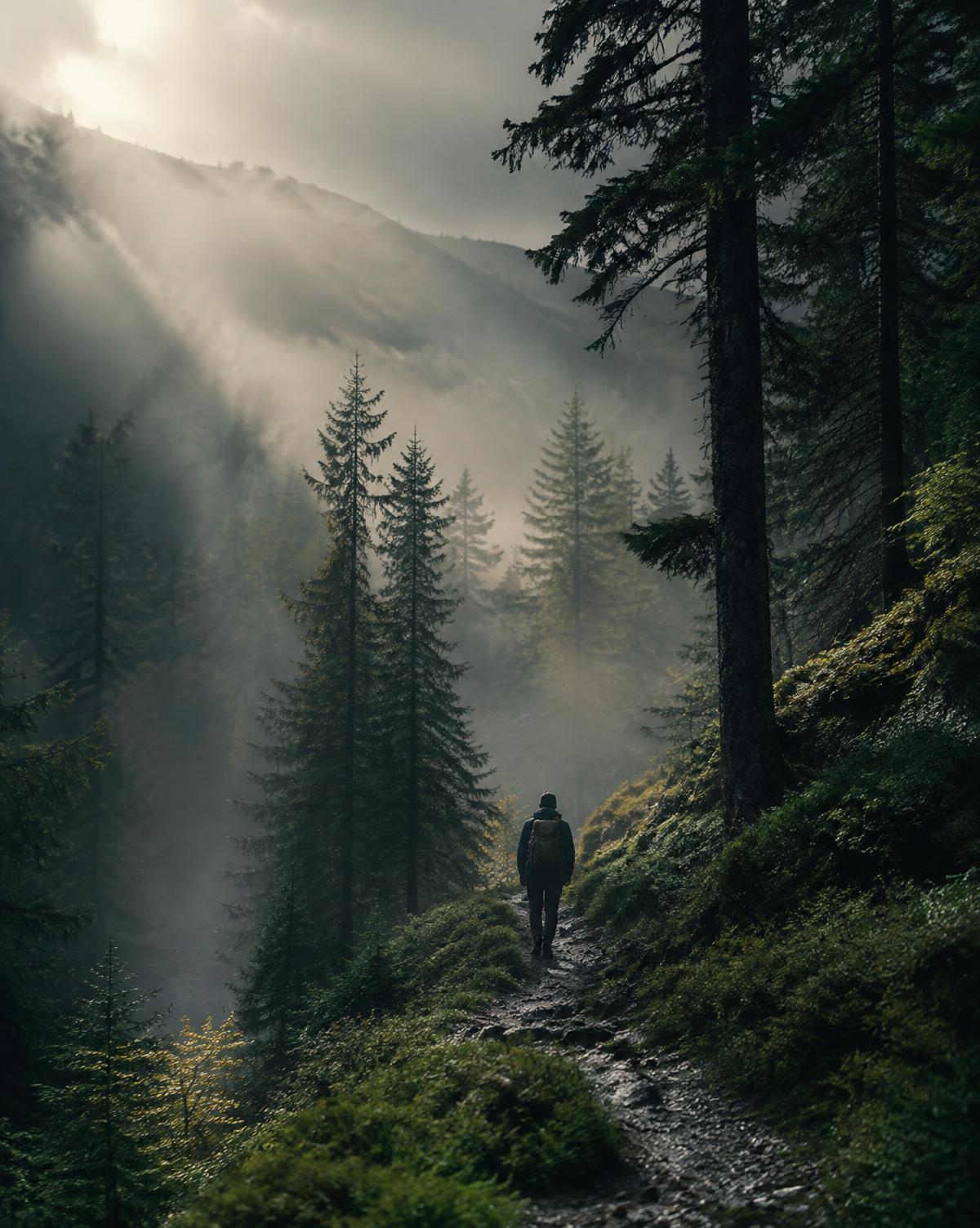 A trekker walking a misty forest trail in the mountains