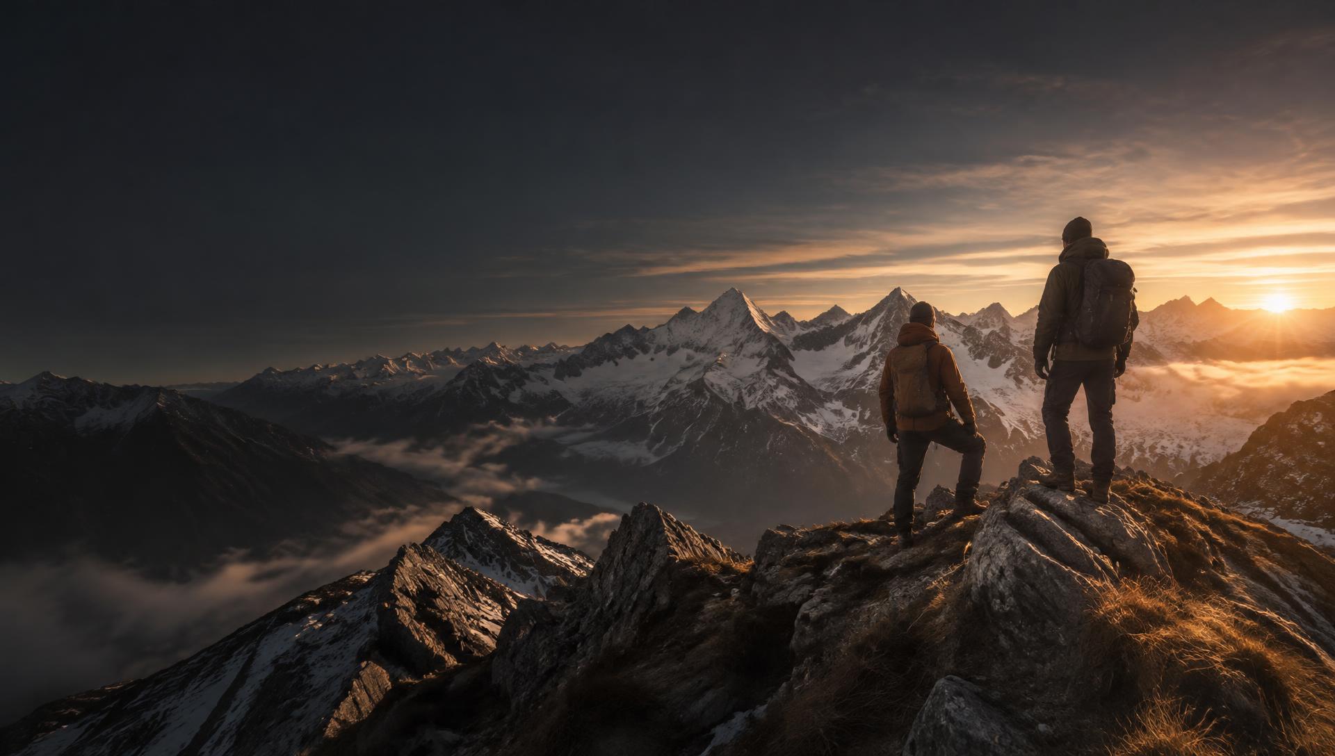 Two hikers on an alpine ridge watching sunrise over snowy peaks