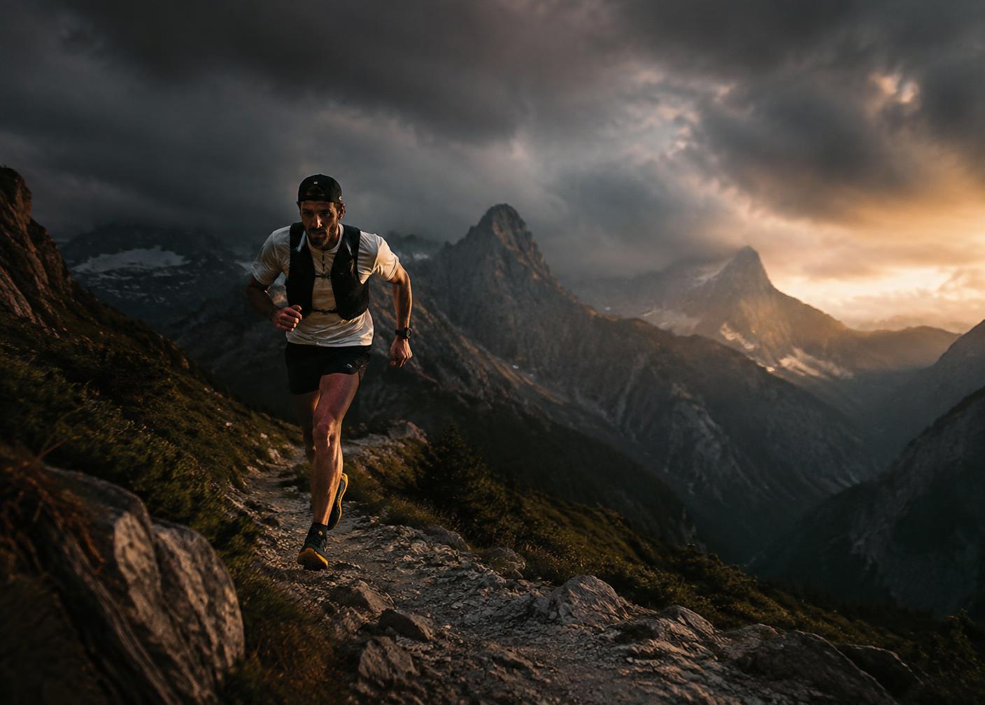 A trail runner climbing a rocky mountain path